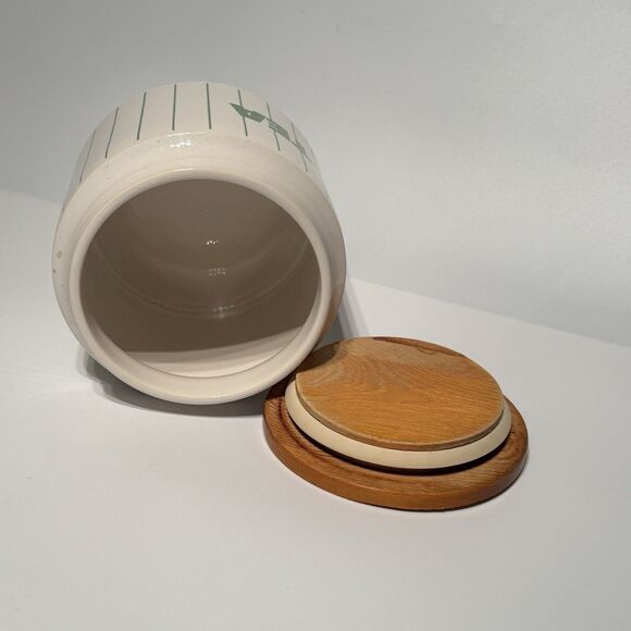 Hornsea Pottery England Green Stripes Tea Canister White Retro Wood Top MCM Jar - Picture 4 of 9